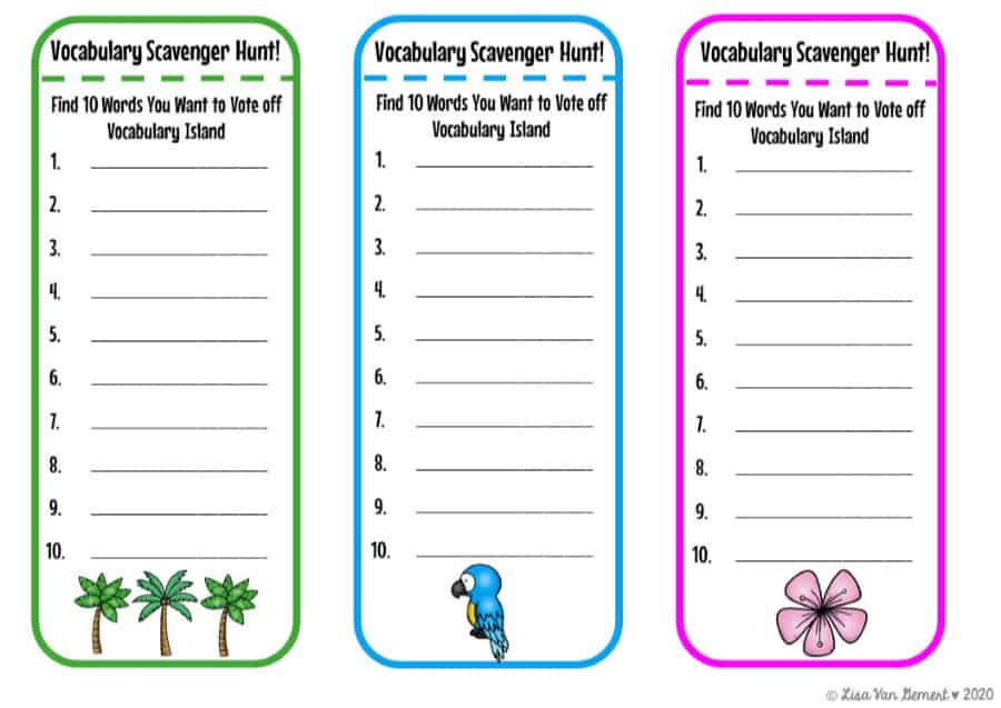 vocabulary scavenger hunt bookmarks with tropical island feel