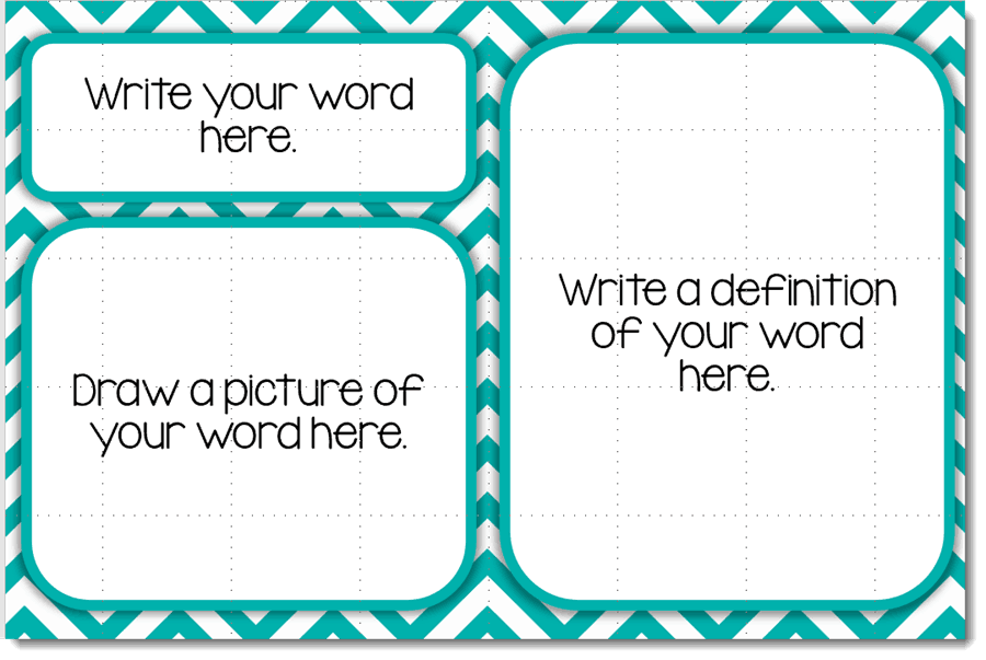 three part printable with sections "write your word here", "write a definition of your word here" and "draw a picture of your word here"