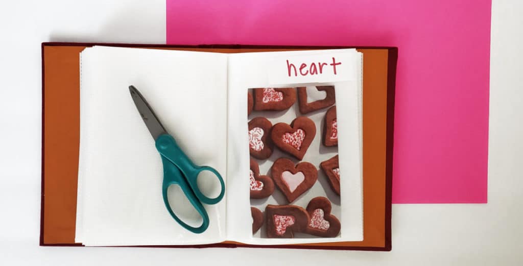 vocabulary photo album with word "heart" and picture of hearts