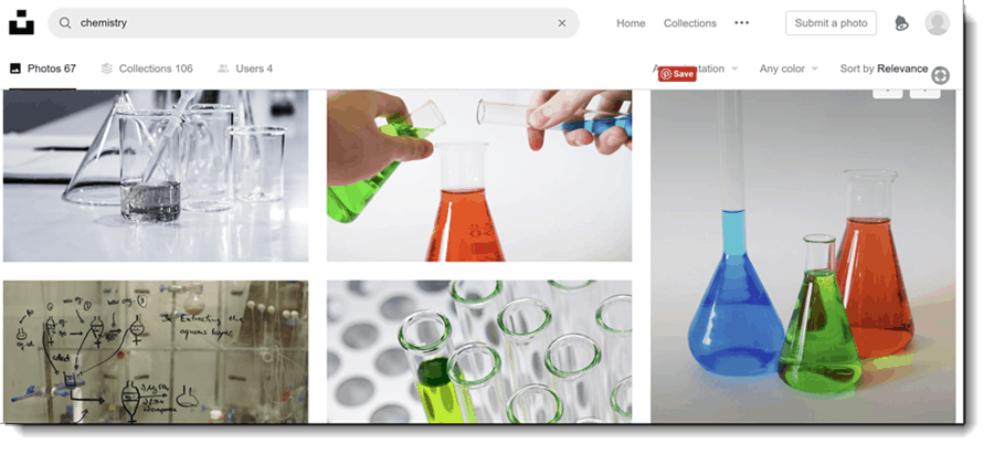 image capture of search for chemistry on unsplash website