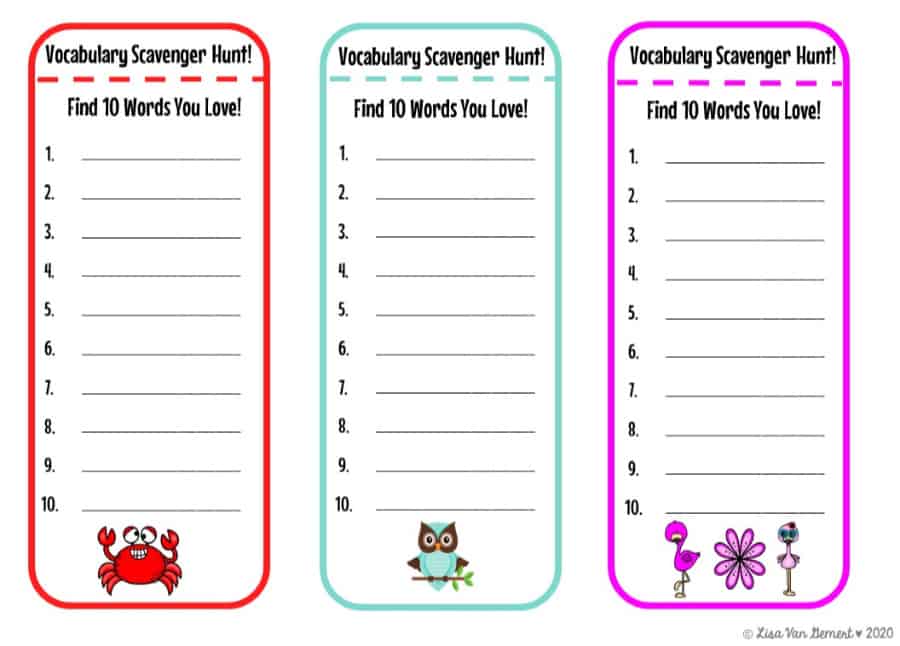 vocabulary scavenger hunt bookmarks with animals
