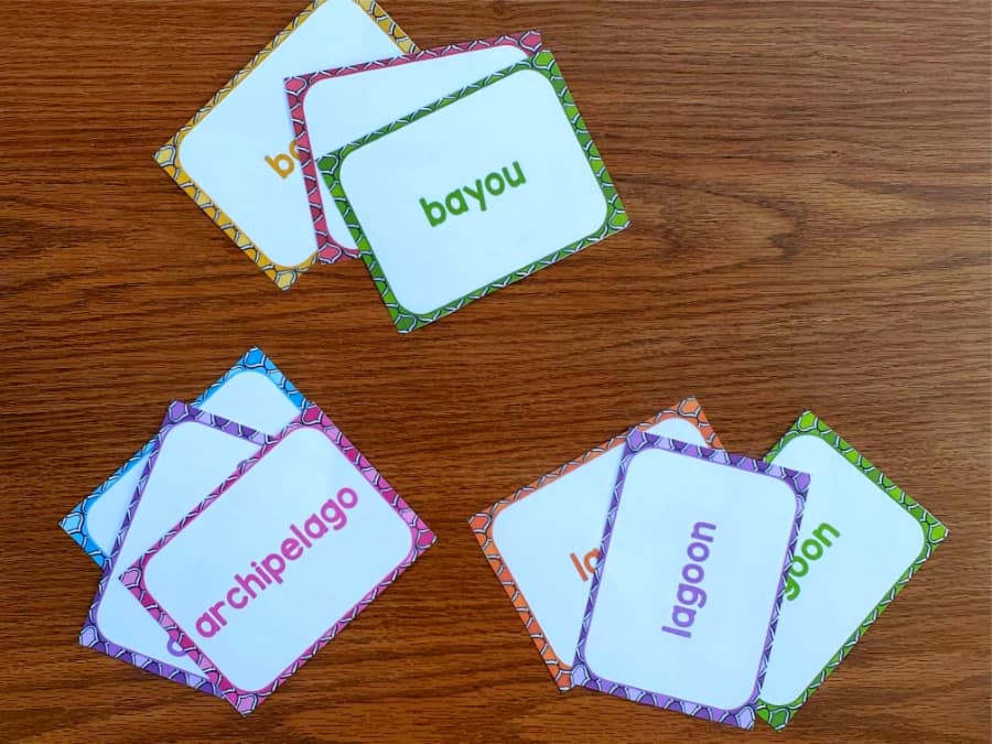 sets of vocabulary word cards lying on a table