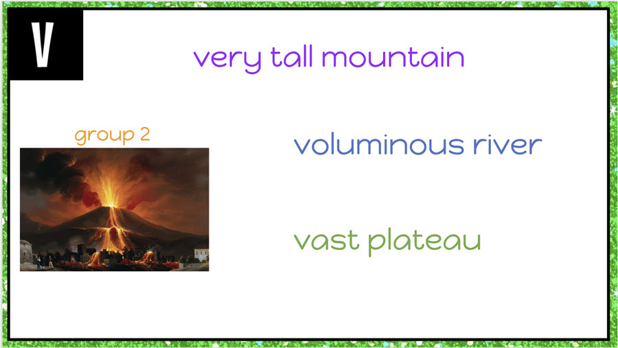 google sheet with image of volcano categories vocabulary relay game