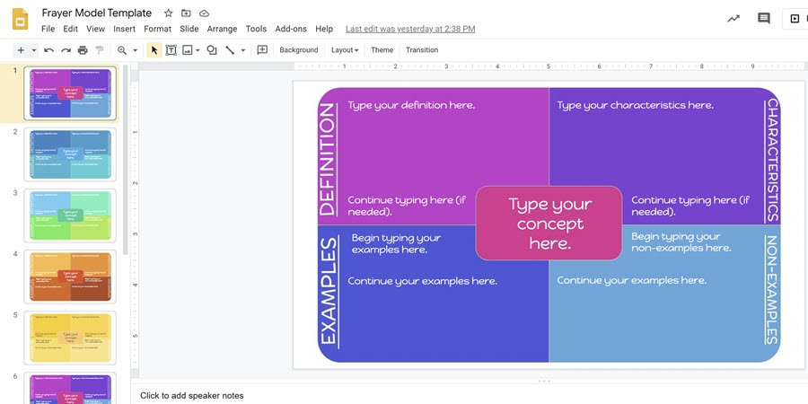 colorful frayer model template in google slides