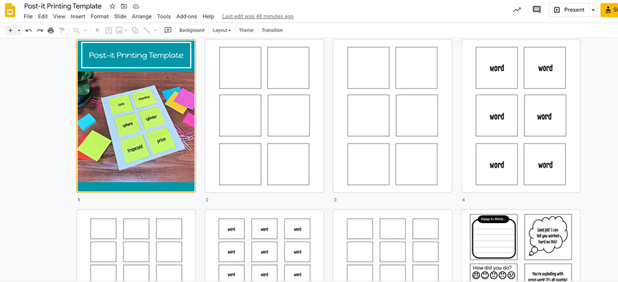 Google slidedeck multi slide view showing template slides for printing on postits